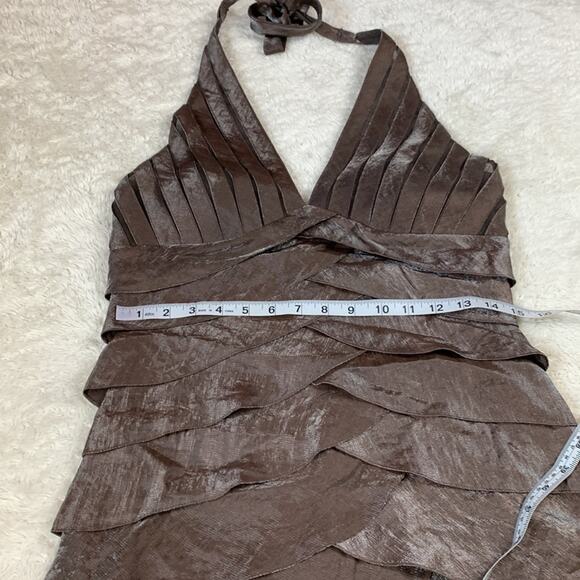 Cache chocolate brown scalloped bandage halter cocktail party dress, size 8 - Picture 7 of 12